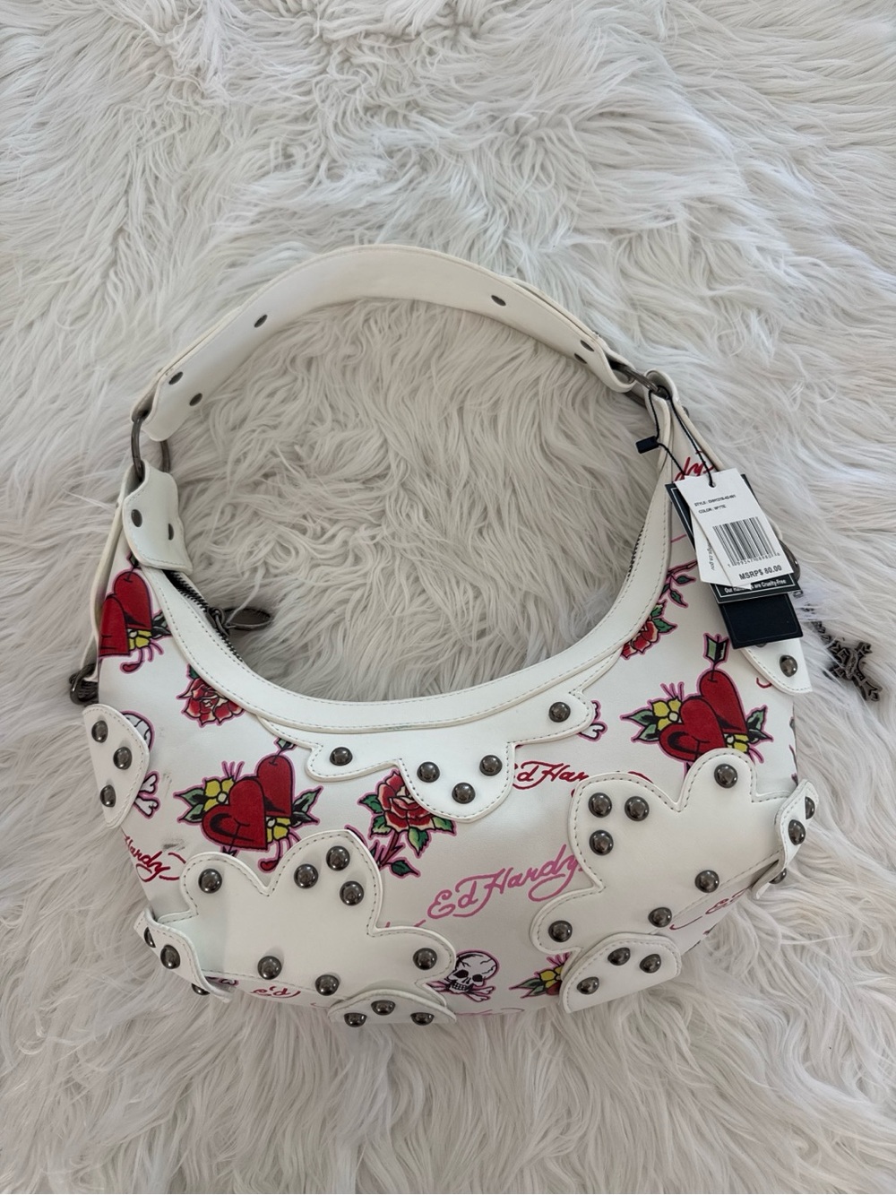 Ed Hardy White Studded Heart & Rose Shoulder Bag